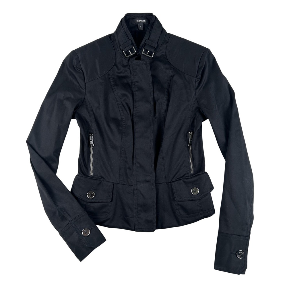 Vintage Express Jacket Womens 0 Moto Buckle Collar Peplum Zip Pockets Military